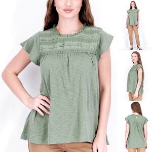 Ella Moss Yoke Blouse Pintuck & Crochet Details Ruffle Collar Flutter Sleeve